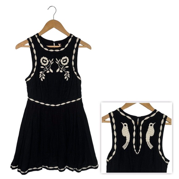Free People Dress Womens 2 Delightful Birds Of A Feather Embroidered Flare Black - Picture 2 of 16